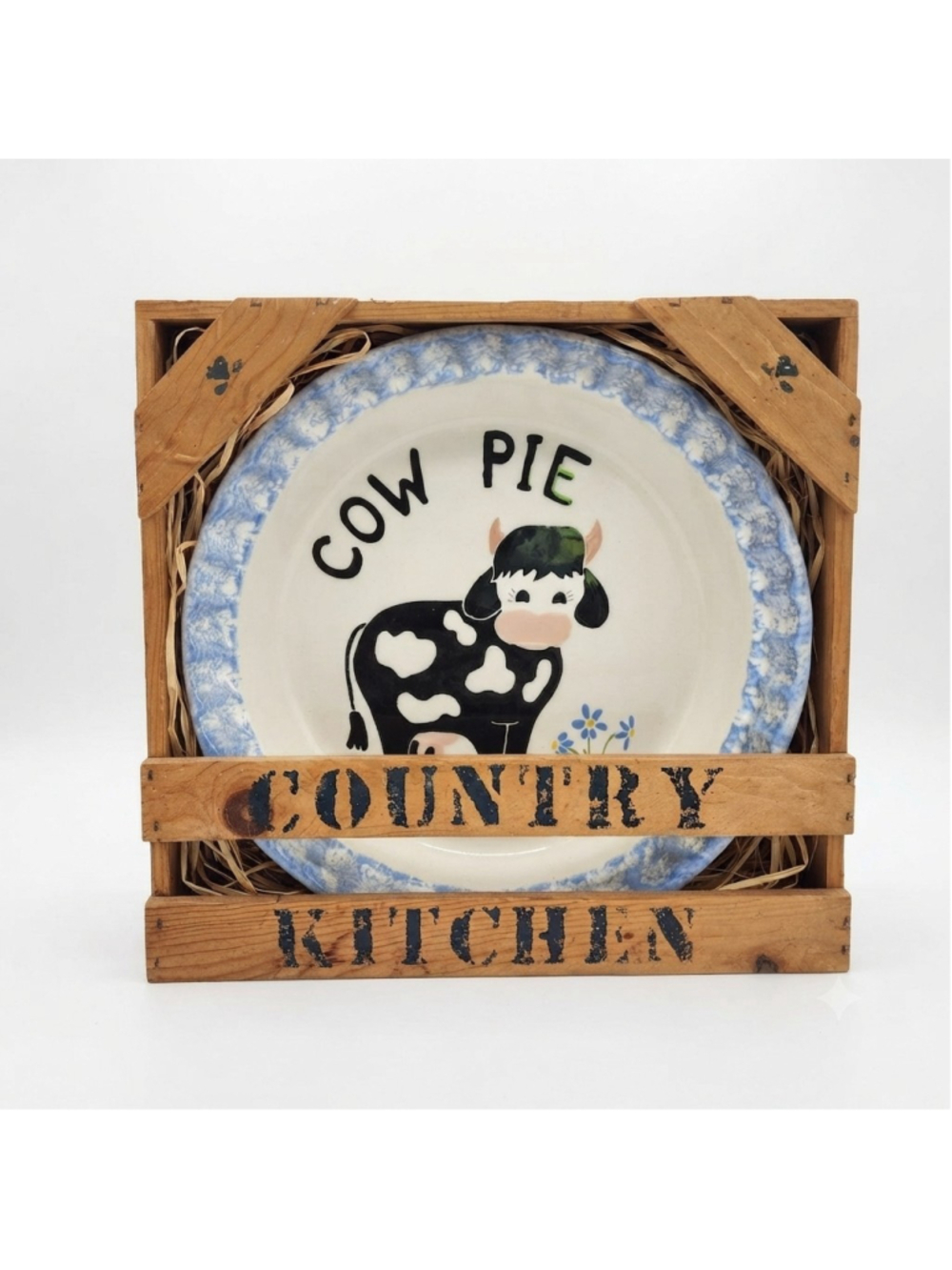 Vintage High Cascade Ceramics Cow Pie Country Kitchen Pie Plate with Wood Crate
